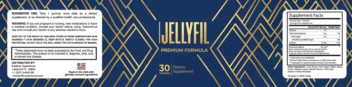 Flat label artwork for Jellyfil showing the Supplement Facts panel, suggested use, warning and distributor