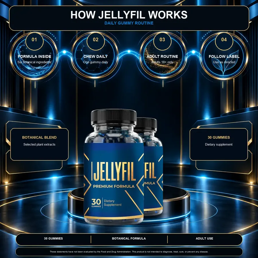 Sales-page artwork showing a four-step daily gummy routine