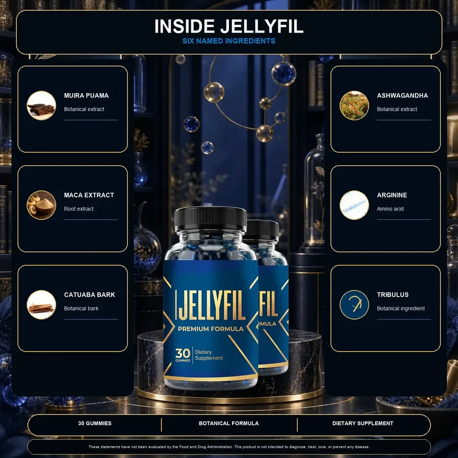 Sales-page artwork naming six Jellyfil ingredients
