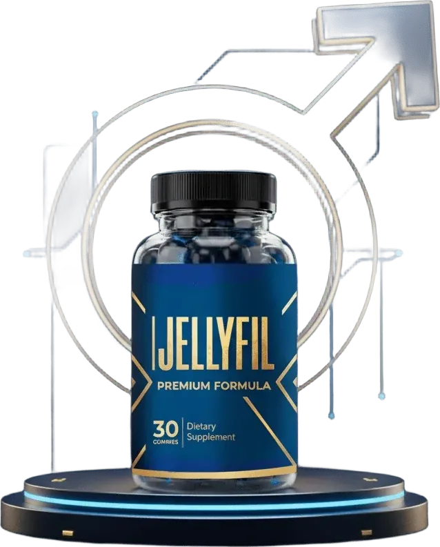 A bottle of Jellyfil gummies on a pedestal against brand artwork
