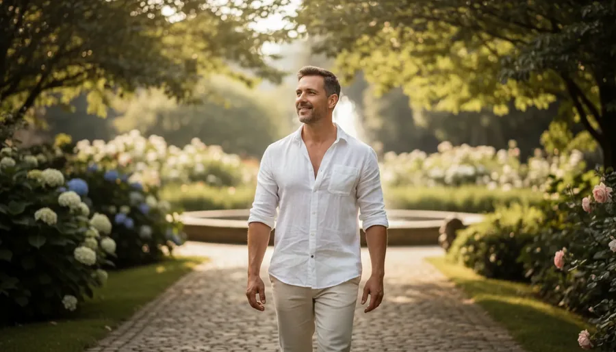 A man walking outdoors on a bright day
